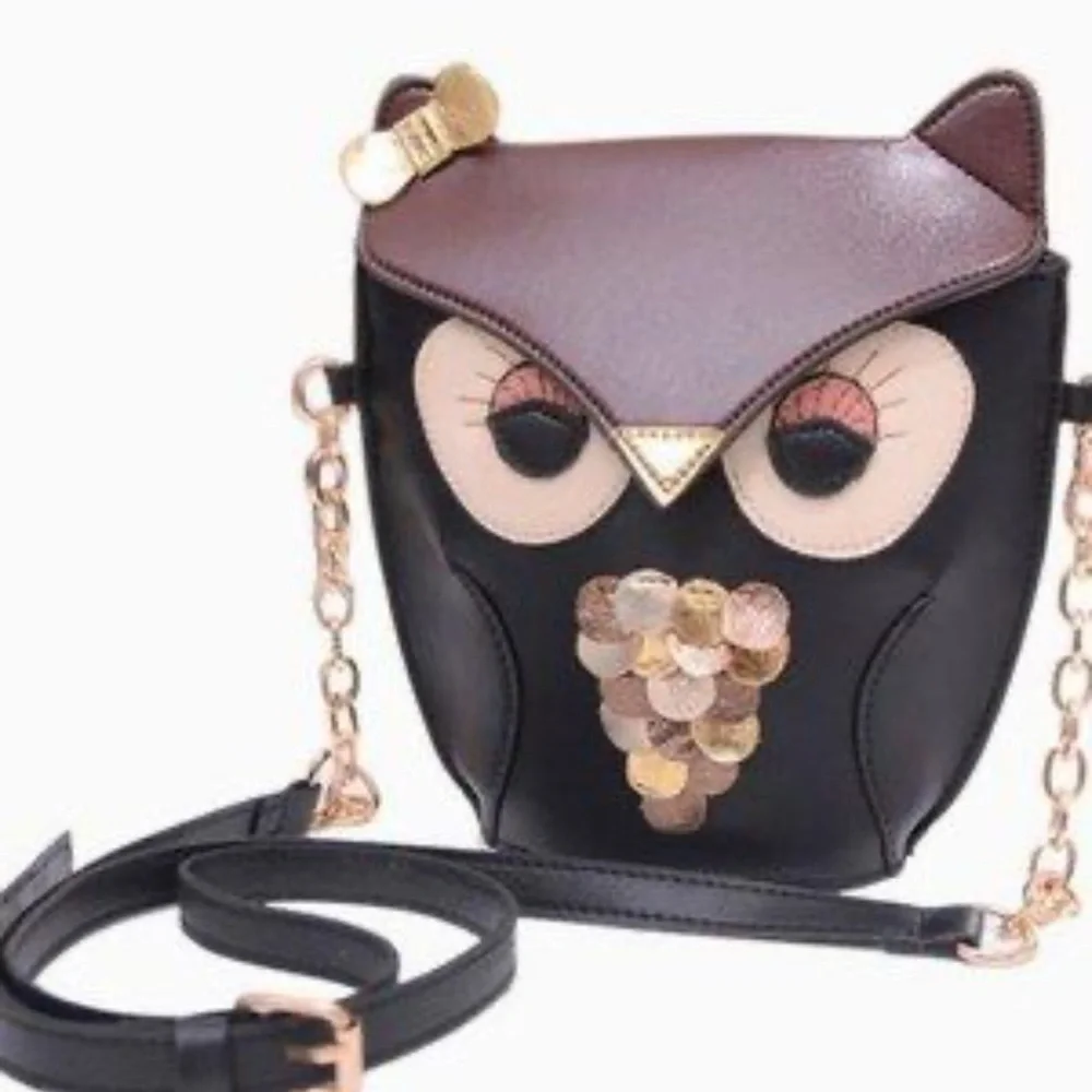 Vintage Black and Brown Owl Faux Leather Crossbody Bag